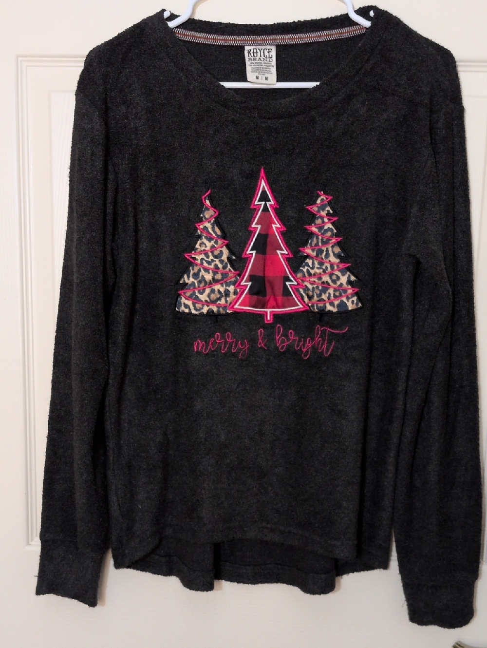 Royce Brand Black Crewneck Sweater with Plaid/Animal Print Tree w/Embroidery